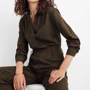 SOLD | Madewell Seamed Coverall Jumpsuit in Green with Black Grid Dot.